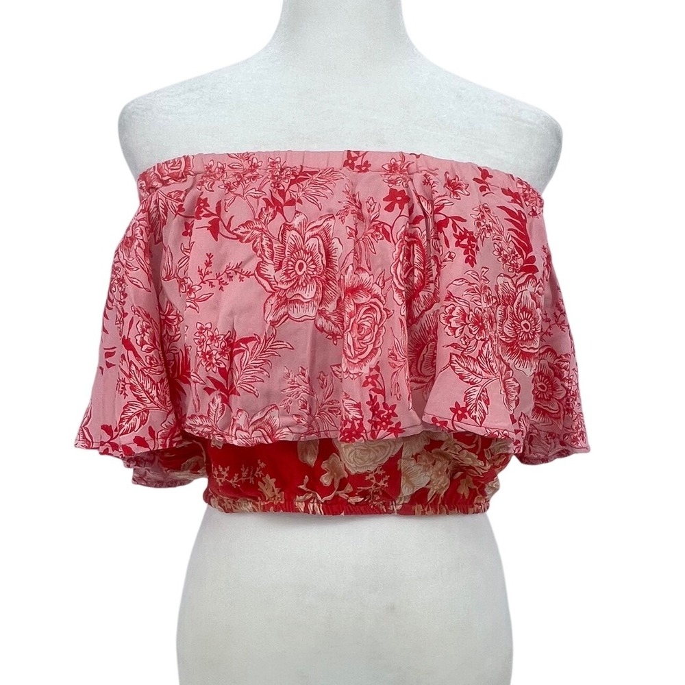 Willow + Root Tube Top Womens Medium Red Pink‎ Floral Ruffle Boho